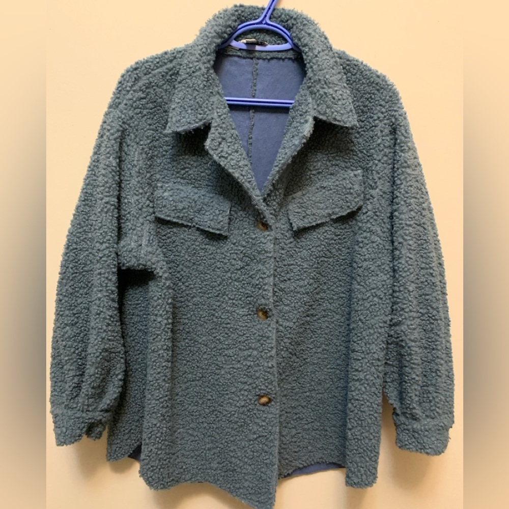 DAVI & DANI Oversized Teal Puffed Sleeved Shacket